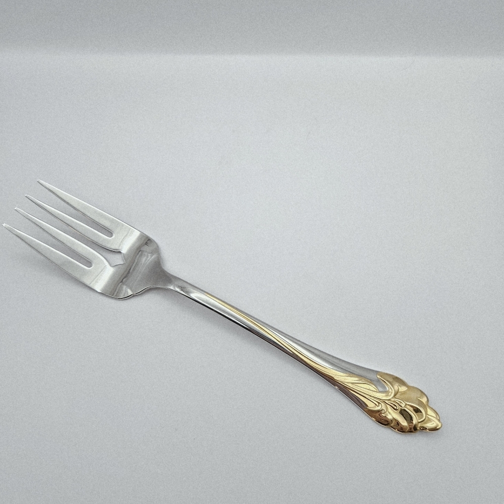 Oneida GOLDEN AMARYLLIS Cold Meat Serving Fork 8 1/2" Stainless Gold Accent